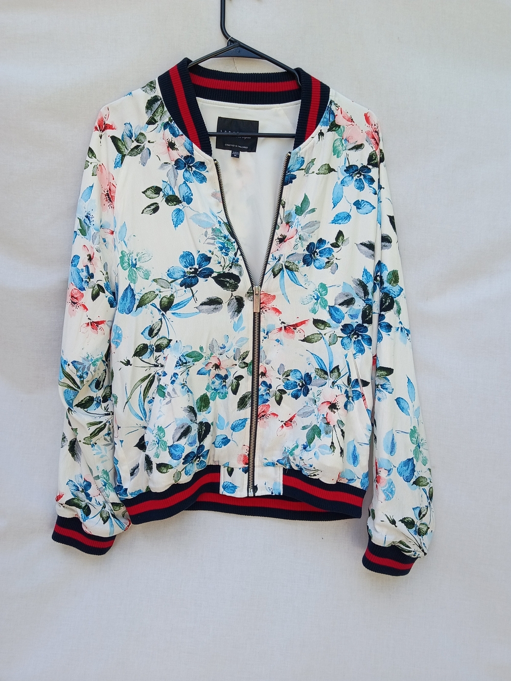 Sanctuary By Anthropologie Floral Bomber Jacket in White w Blue & Pink Preppy